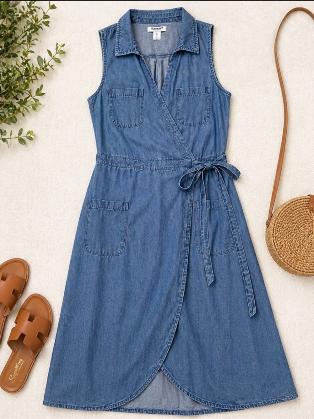 Old Navy Chambray Wrap Dress Sleeveless Denim Midi Tie Waist Medium Tall Blue